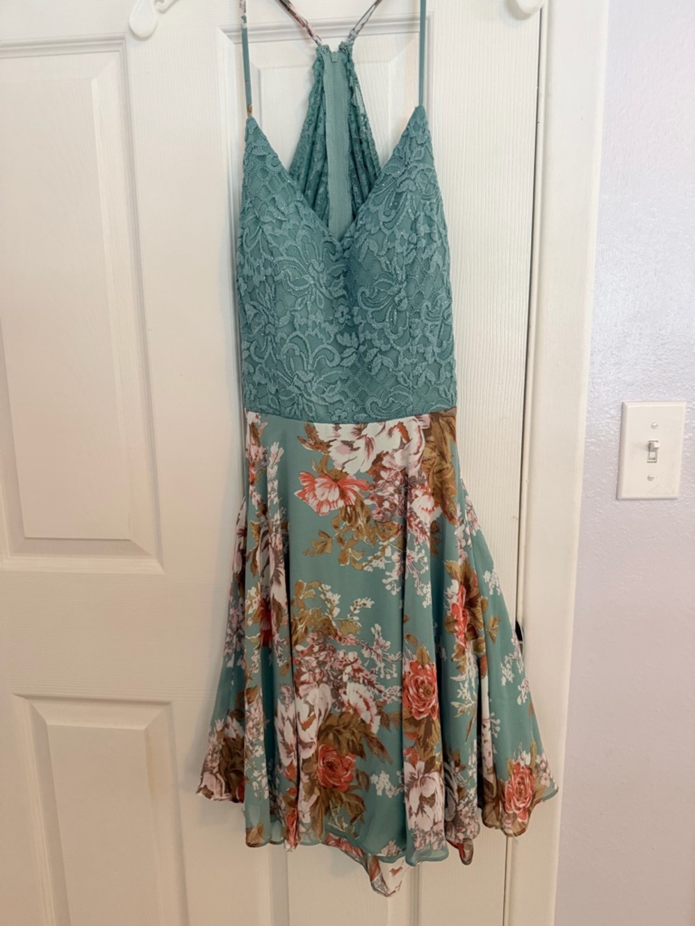 Teal Lace Bodice Floral Skater Dress